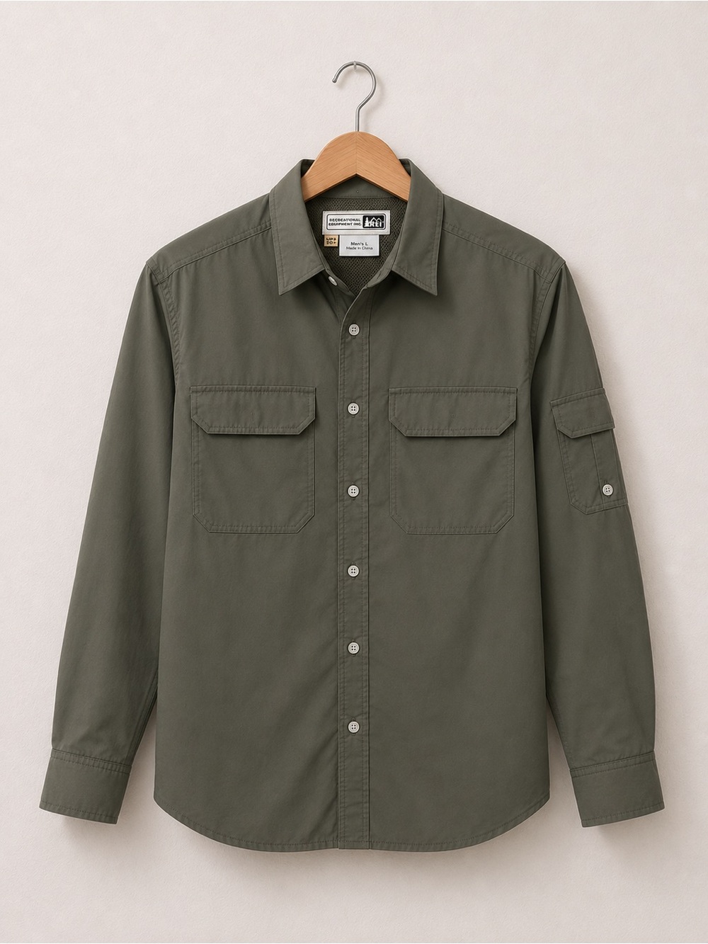 REI Men's Olive Green Safari Utility Long Sleeve Button Down Shirt W/Mesh Lining